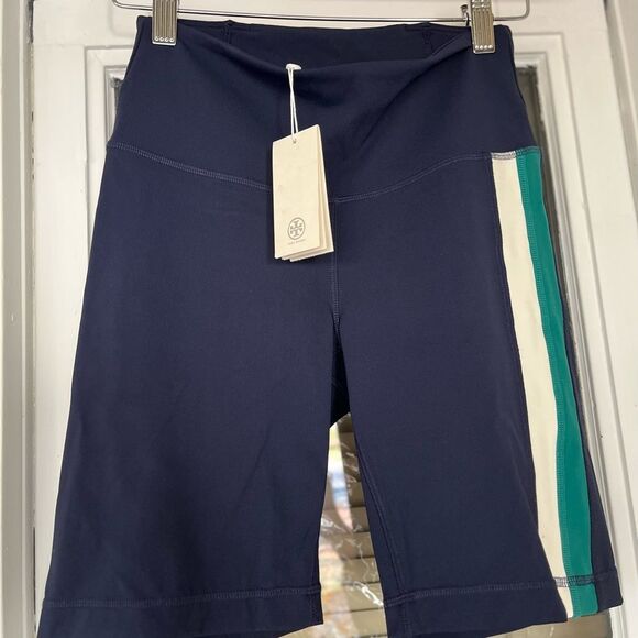 Tory Burch blue/white/green color block sports bra & highrise bike shorts set XS - Picture 6 of 14